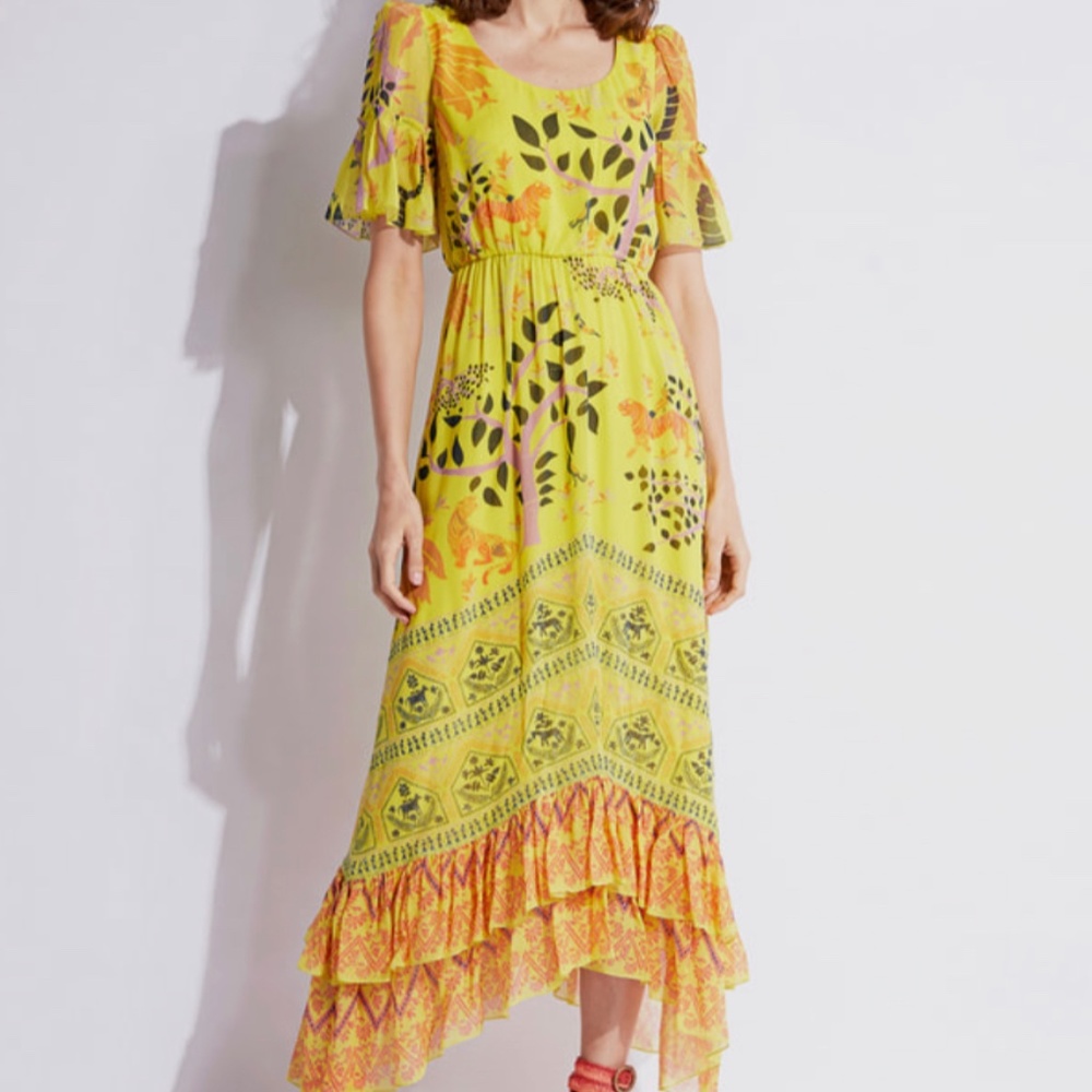 Saloni Pippa Printed Silk MIDI Dress Georgette Yellow Ruffle Citrus Floral